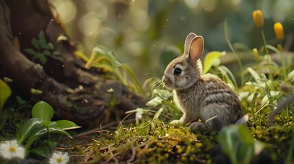 Wall Mural - Little siamese rabbit running on the field in summer. 