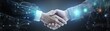 © kamon - Business partners shaking hands in a digital environment, symbolizing agreement, partnership, and technology integration.