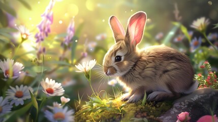 Wall Mural - Little siamese rabbit running on the field in summer. 