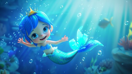 Sticker - A 3D cartoon mermaid with blue hair is swimming in the ocean.