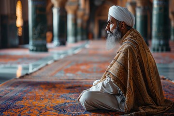 Poster - Elderly Man in White Turban Praying in a Mosque