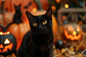 Wall Mural - Black cat with yellow eyes in front of Halloween pumpkins and decorations.