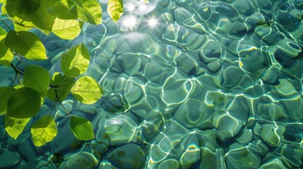 Wall Mural - Clear water and green leaf background with sunlight reflection top view mockup vertical orientation