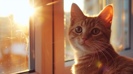 Poster - Pet cat sitting on windowsill gazing at camera in sunset light