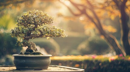 Wall Mural - Bonsai tree in Japanese garden with vintage filter and space for text