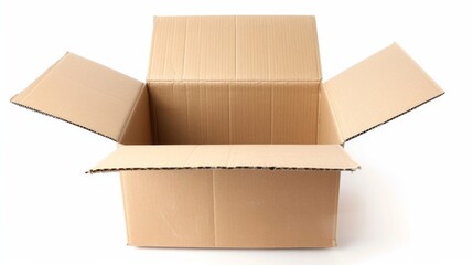 Open cardboard box on white background, close-up view. Packaging and shipping concept