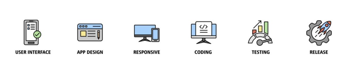 App development banner web icon set vector illustration concept with icon of user interface, app design, responsive, coding, testing and release