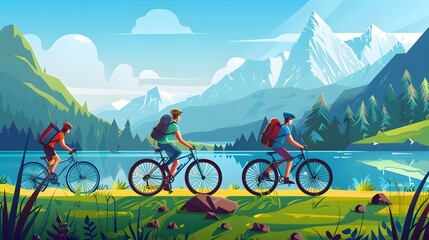 Young couple riding bicycles in mountains. Boy and girl bicyclists with backpacks on bikes travel in nature. Male and female cyclists active recreation on hill lake and forest vector eps illustration
