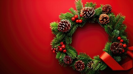 Poster - Christmas wreath with red background and ribbon cones branch for greeting card