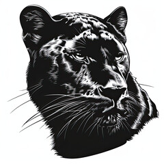 A black and white drawing of a panther 's face