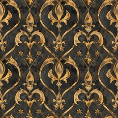 Wall Mural - Generate a repeating Fleur De Lis pattern with fleur de lis motifs intertwined with geometric shapes. Use a single color like antique gold to highlight the intricate details and historical charm.