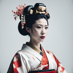 Wall Mural - portrait of a geisha in traditional dress, isolated white background