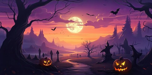 Wall Mural - aesthetic halloween background featuring a variety of pumpkins and trees, including a large tree, a small tree, and a bare tree, with a flying black bird in the distance