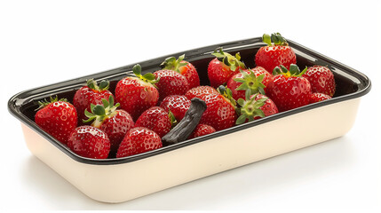 Wall Mural - Roasted Strawberries with Vanilla Pod in Enameled Tray for Delicious Dessert Concept Stock Photo