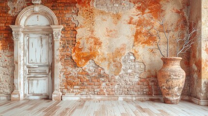 Sticker - Interior background of room with brick wall, vase with branch and door 3d rendering An inviting living room interior adorned with a stucco wall  