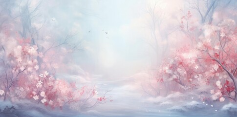 Wall Mural - december background of a serene winter landscape featuring a bare tree and a pink tree against a white sky