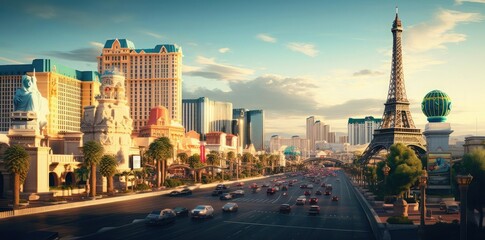 las vegas background featuring the iconic eiffel tower, surrounded by lush green trees and a clear blue sky, with a mix of black and white cars parked in front of the towering buildings