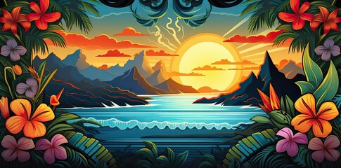 Wall Mural - luau background with sunset over the ocean and mountains, featuring a colorful array of flowers including purple, pink, orange, and red blooms, as well as a blue mountain in the distance