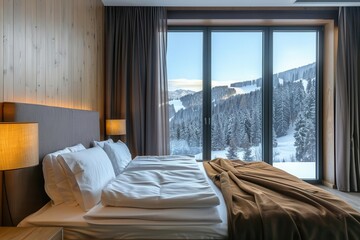 cozy hotel bedroom interior with plush bed and nightstand panoramic window showcasing scenic view