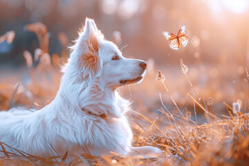 Wall Mural - White color pet dog happy playing catching a butterfly outside