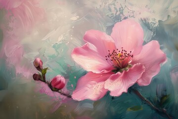 Wall Mural - delicate pink flower closeup with soft blurred background oil painting