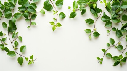 Wall Mural - Fresh green leaves border on white background with retro tones