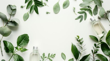 Wall Mural - Natural skincare and body care with plant leaves on white background Eco friendly concept with copy space