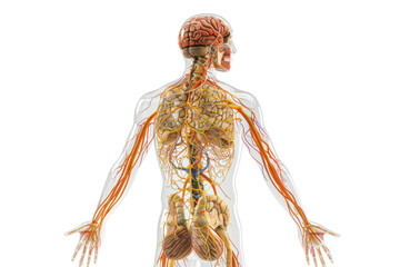 detailed illustration of the human nervous system, including the brain and spinal cord, showcasing a