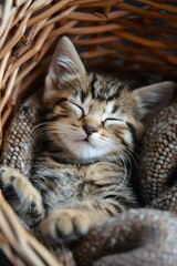 Wall Mural - The playful kitten is peacefully sleeping in a cozy basket.