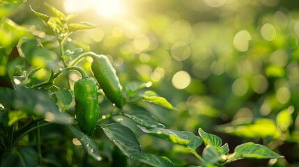 Wall Mural - Sunlit Green Peppers in Lush Garden with Dewy Leaves on a Summer Morning