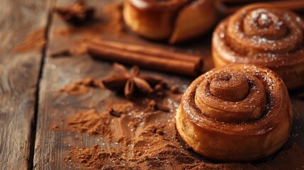 Wall Mural - Cinnamon roll on textured wood Sweet and spicy baking desserts and beverages Aromatic cinnamon powder macro Text space provided