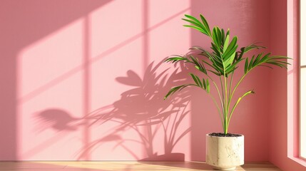 Wall Mural - Houseplant on table by pink wall