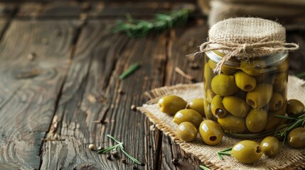 Wall Mural - Tasty pickled green olives in a glass jar on a wooden background with text space
