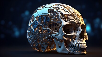 luminous hologram depicting the three-dimensional human skull bone structure against a dark background