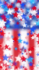 Wall Mural - Red white and blue stars floating outward on American flag background for USA celebrations like 4th of July, Memorial Day, Veteran's Day, or other patriotic US American holidays.