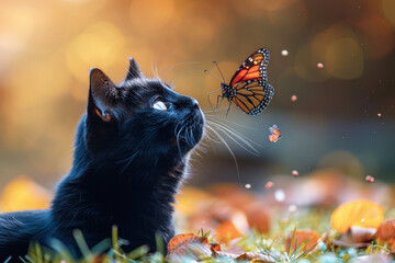 Wall Mural - Black color pet cat happy playing catching a butterfly outside