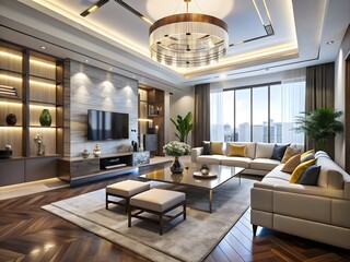 Wall Mural - Modern And Elegant Living Room Interior Design With Large Windows, Marble Walls, And Hardwood Floors.