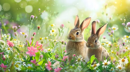 Wall Mural - Rabbits. Art Design of Cute Little Easter Bunnies in the Meadow.