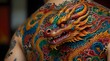 © Waqar - Asian tattoo art closeup of colorful dragon patterns on the body.generative.ai