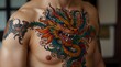 © Waqar - Asian tattoo art closeup of colorful dragon patterns on the body.generative.ai