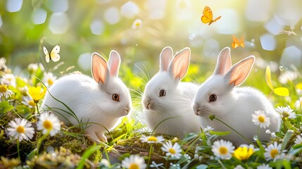 Wall Mural - Rabbits. Art Design of Cute Little Easter Bunnies in the Meadow.