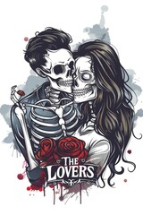 Wall Mural - the design is of a male and a female gothic skeleton with long flowing hair in a romantic embrace, with the male holding a red rose, use thick bold outlines. The text 