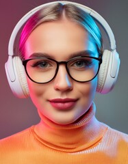 Wall Mural - Young cool caucasian woman wearing wireless headphones and edgy glasses; portrait close up studio vibrant colors