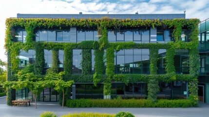 Wall Mural - A contemporary office building featuring lush vertical gardens and eco-friendly architecture under a clear blue sky. AIG41