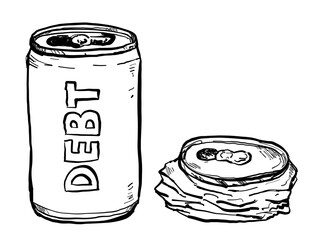 Canvas Print - Drawing sketch style illustration of a soda can with Debt text writing  and a crumpled crushed one on isolated background done in black and white ilne art.