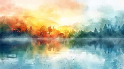 Wall Mural - Vibrant Watercolor Landscape of Misty Mountains and Forest Reflections