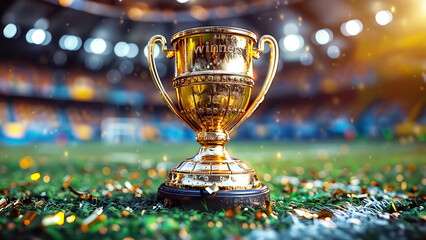 Golden trophy on a football field in a stadium, wide angle. A sports competition concept with a golden cup award for the winner of a match or game at night time. 