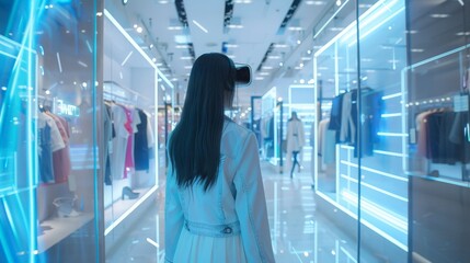 Canvas Print - Create a scene of a futuristic retail store where AI personal shoppers and AR fitting rooms enhance the shopping experience, making it personalized and efficient.