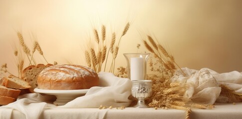 Wall Mural - communion background with bread and a candle on a table