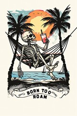 Wall Mural - The design features a skeleton sat on a beach hammock drinking a cocktail with a synthwave sun as the backround and the phrase 